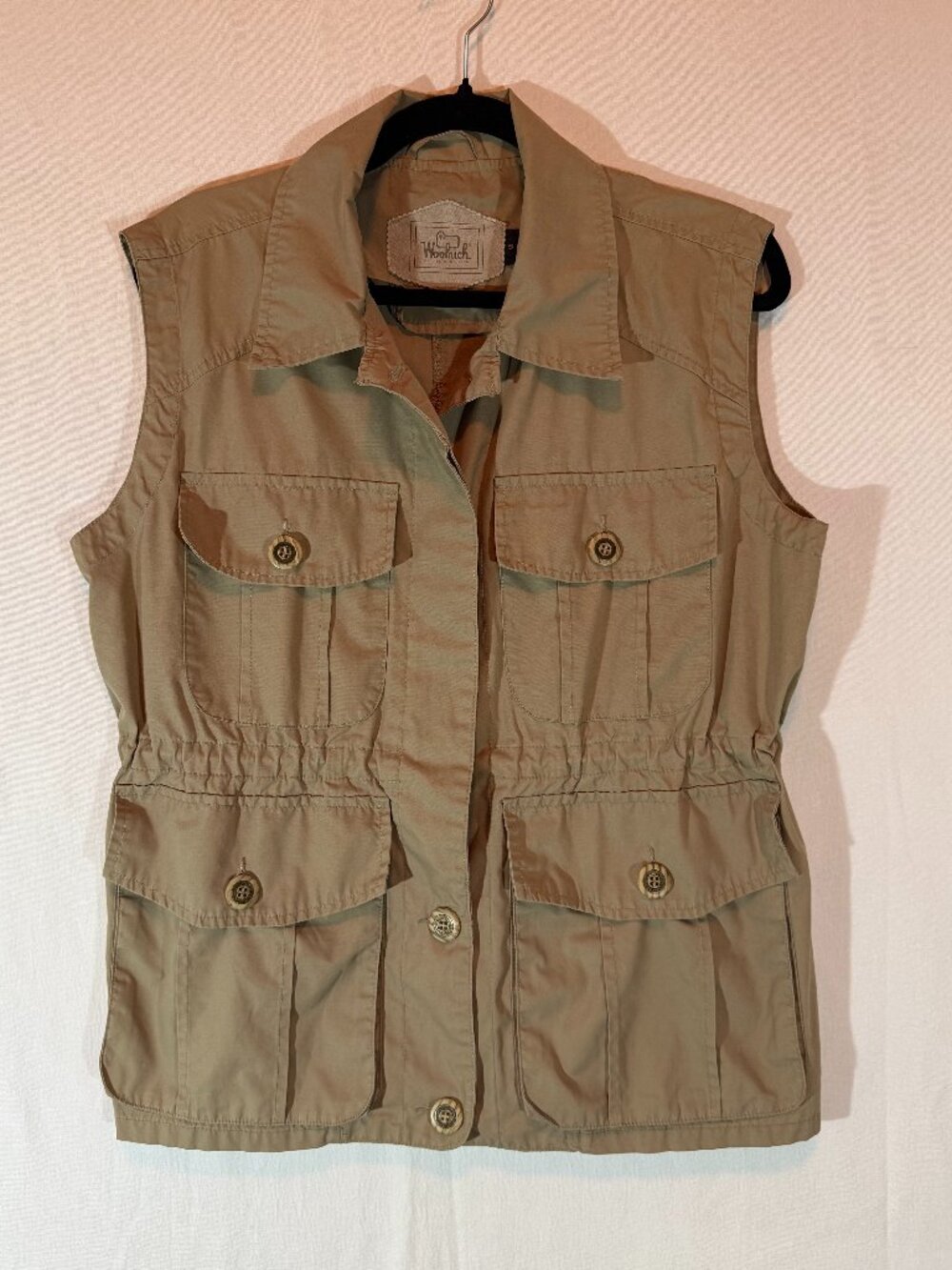 Woolrich Women's Tan Fishing Vest Size Small 4 Button Pockets Drawstring